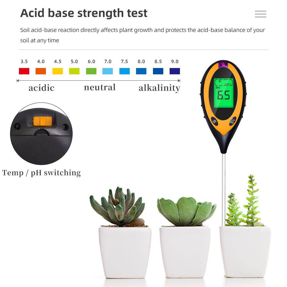 LCD Display 4 in 1 Soil Tester Handheld Soil PH Meter Soil Detector Moisture PH Light Temp Detector Plant Soil Acidity Analyzer
