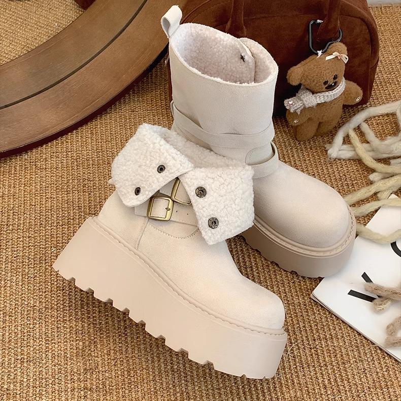 Winter Platform Thick Bottom Women Fur Snow Boots Outdoor Comfort Keep Warm Shoes Ladies Belt Buckle Short Botas Para Mujer