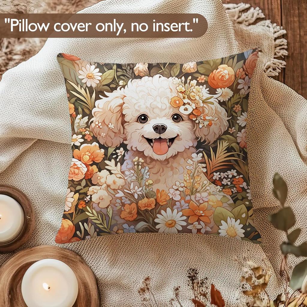 Bichon Frise Pillow Covers 18x18 inches, Vintage Floral Dog Throw Pillow Covers, Gifts for Dog Lover, Farmhouse Botanical Style Decorative