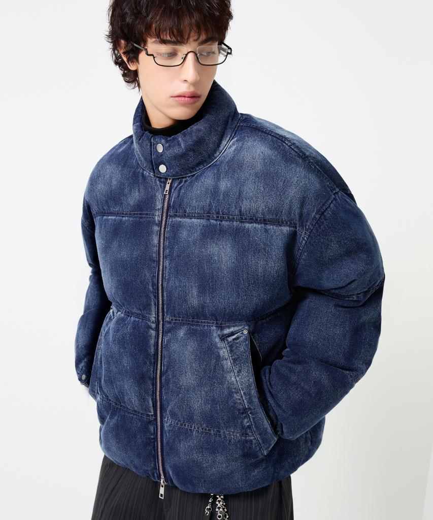 Trillion Denim Washed Biker Padded Jacket_Middle Blue