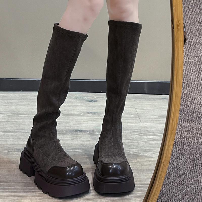 Fashion High Platform Boots Women Suede Flats Shoes Women 2024 Trend Winter Designer Mid Heels New Motorcycle Boots Trend Femme Shoes