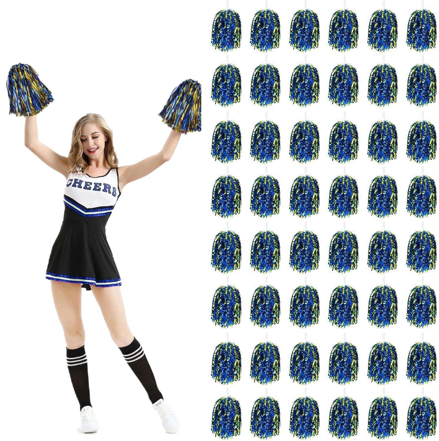 

24Pcs Blue Purple Gold Cheerleading Pom Poms With Metallic Foil Plastic Baton Handle For Game Sports Squads Dancing Football