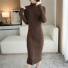 Ribbed Knit Tight High Long [Newsight] Dress, Fit, Elegant, Neck, Sleeves, Thick, Elegant, Fall/Winter (Free Size, Khaki)