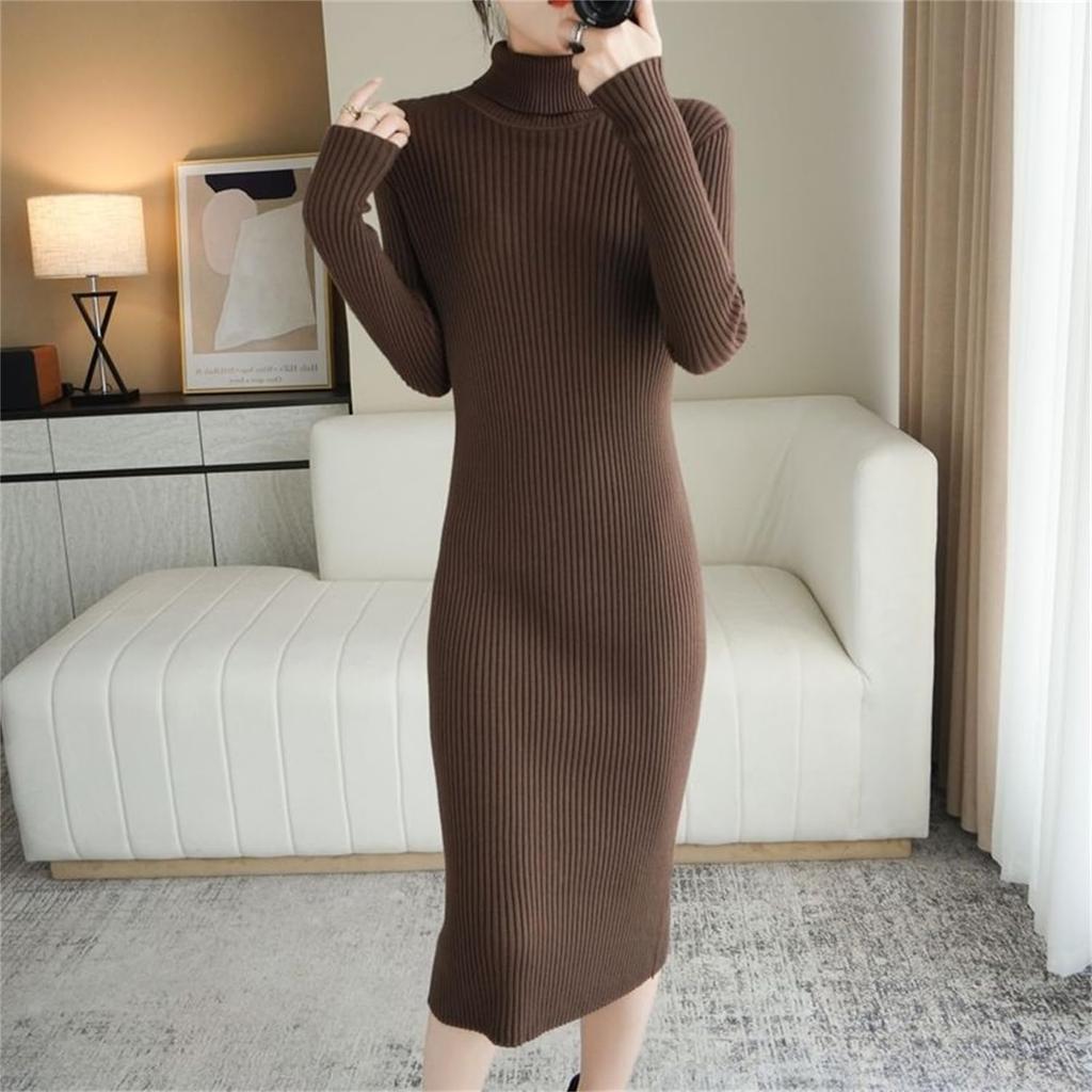 Ribbed Knit Tight High Long [Newsight] Dress, Fit, Elegant, Neck, Sleeves, Thick, Elegant, Fall/Winter (Free Size, Khaki)