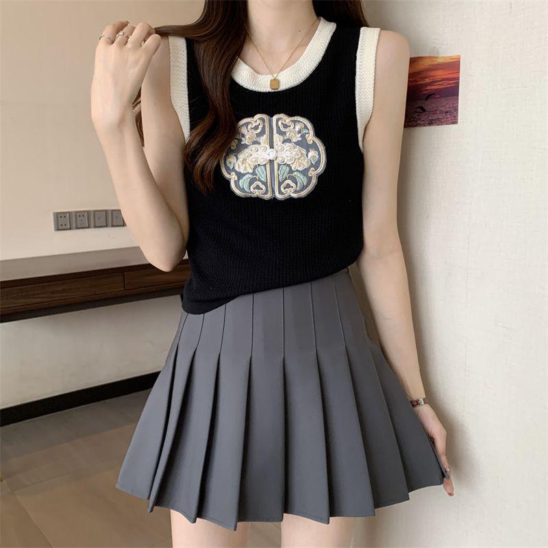 Women's Summer Ice Silk Camisole Vest - National Style Embroidered Knit Top