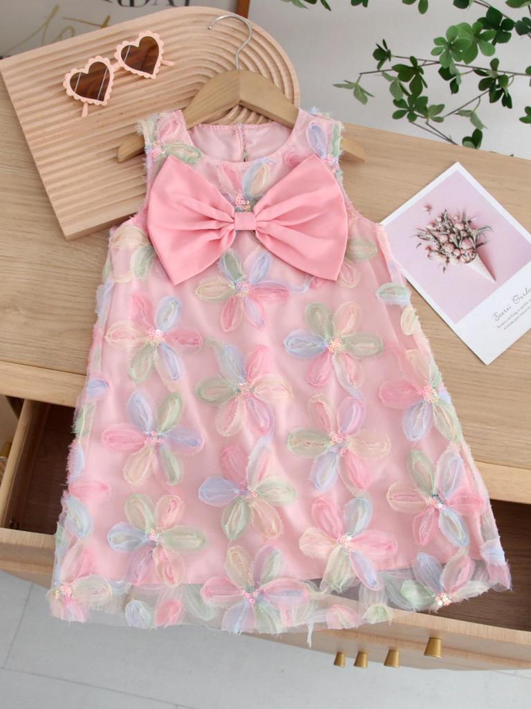 Korean Girls' Summer Princess Dress with Large Bow and Floral Design