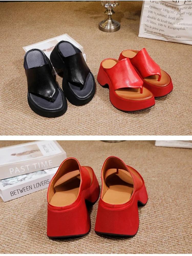 Johnature Chanclas de Cuero Genuino con Suela Gruesa Cuñas Retro para Exteriores Zapatillas Zapatos de Plataforma para Mujer