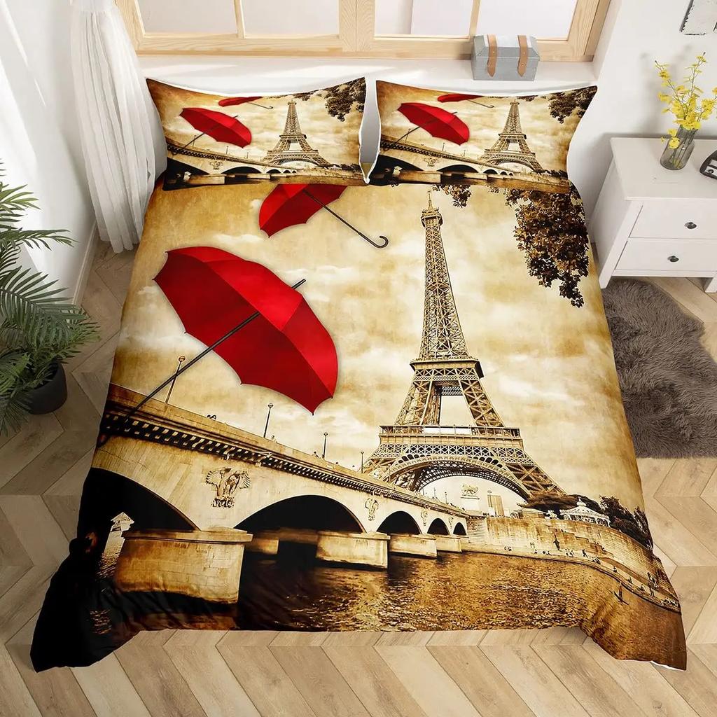 Paris Bettbezug-Set Queen Size Eiffelturm Bettwäsche-Set Mädchen Schwarz und Rosa Paris Deckenbezug Romantischer Französischer Bettdeckenbezug