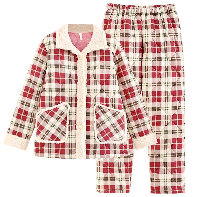 Antistatic Pajamas Women'S Winter And Winter Coral Fleece Clip Padded Jacket Three-Layer Thickened Fleece Flannel Loungewear Set