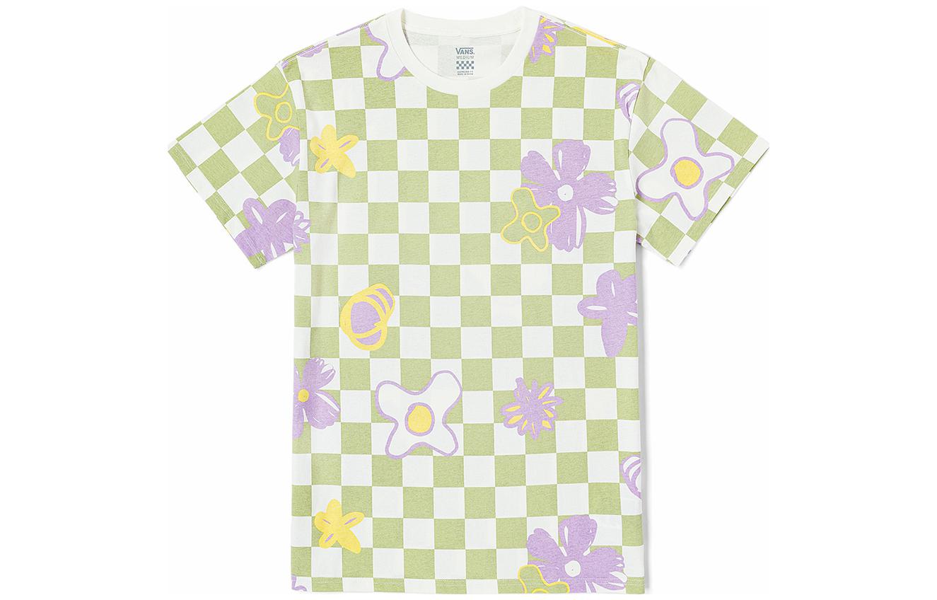 Vans T Shirts Women s Green Checkerboard Crew Neck Moderate Straight Fit VN00091NC1D M