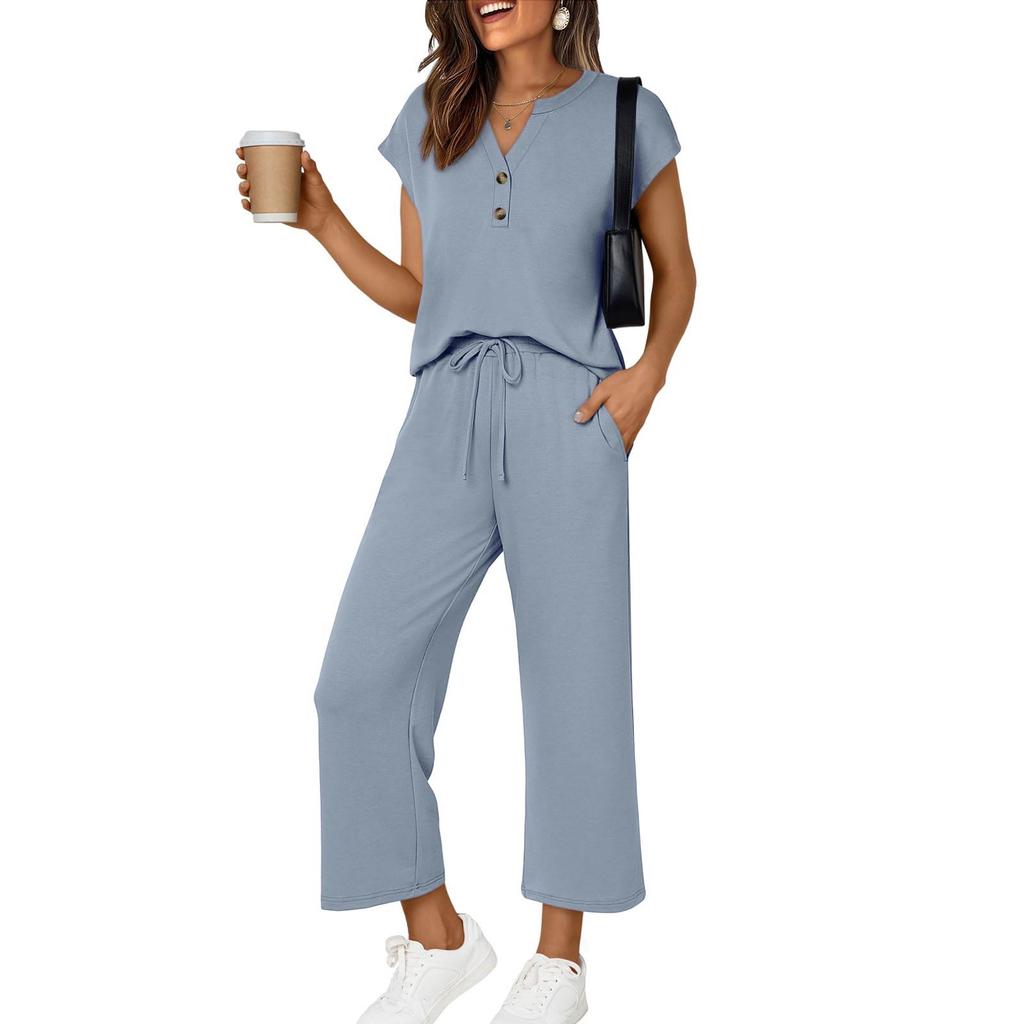 Women's Fashionable Casual Comfortable -Colour Small V-Neck Button-Front Short-Sleeved Two-Piece Suit