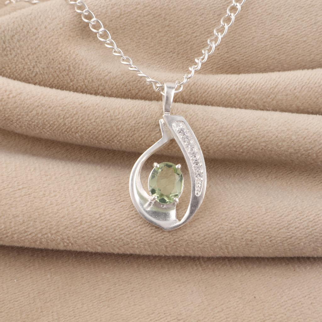 Green Amethyst Gemstone 925 Sterling Silver Women's Jewelry Designer Zircon Pendant 1.4" Gift For Wife CZP-16-8
