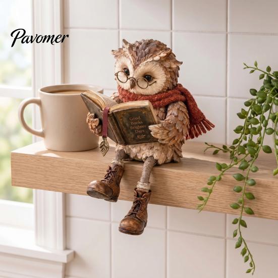 Owl Figurine for Bookshelf Reading Figurine, Creative Statue with Glasses Scarf Boots And Open Book, Woodland Theme Table Decor Sculpture Book
