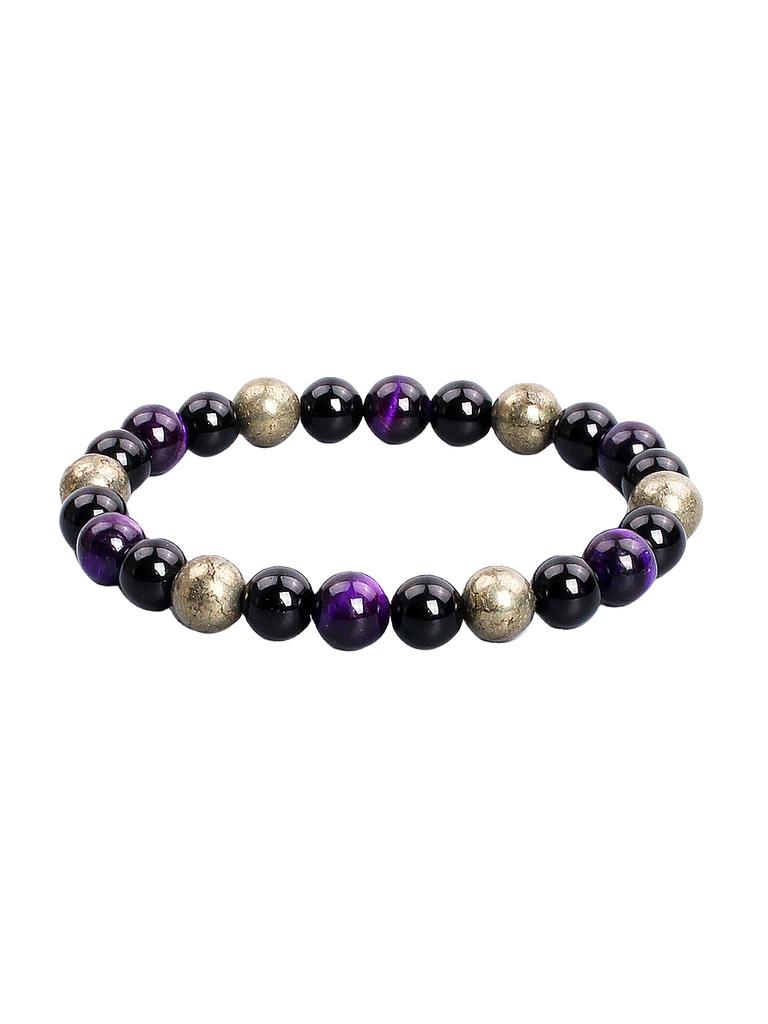 Triple Protection Natural Stone Beads Bracelet Tiger's Eye for Courage Obsidian for Grounding & Pyrite for Wealth Health Jewelry