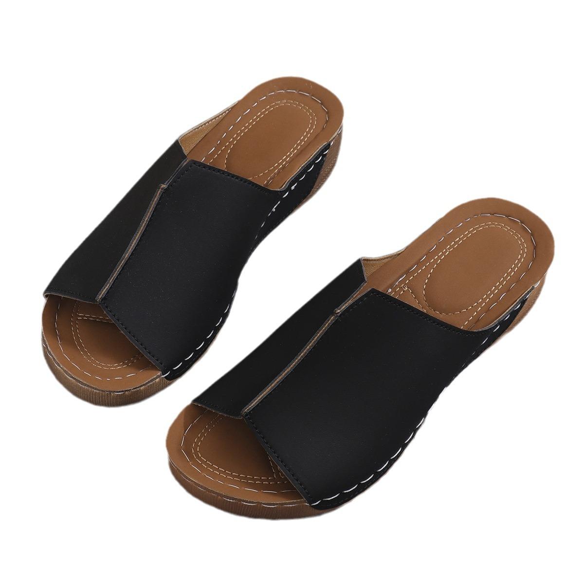 

Foreign trade popular slope heel slippers women s thick bottom women s cool slippers casual and lightweight large size ladies slippers 36 чёрный