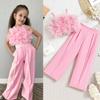 Trajes de verano de moda para niñas, tallas pequeñas y medianas, tirantes para niños, chalecos de malla con flores, trajes y pantalones, trajes de dos piezas