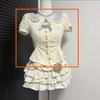 Girls Summer Korean Short Sleeve Dress Set with Peter Pan Collar and Tiered Skirt