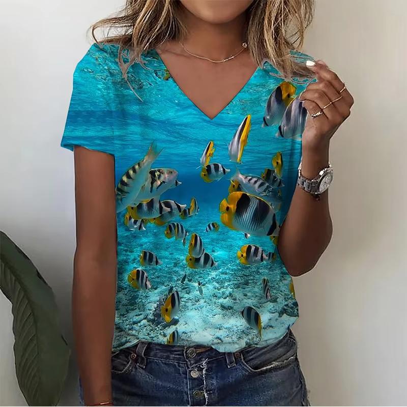 Meeres tier Grafik T-Shirt Damen Sommer Meeresstrand T-Shirts Y2k Oberteile Frau V-Ausschnitt T-Shirts Kurzarm Übergroß Herren Kinder Kleidung