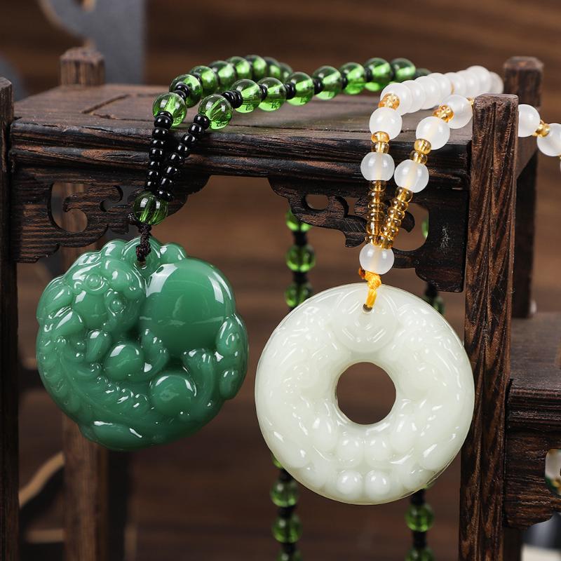 Green Glass Stone Hand-Carved Pendant Necklace Retro Chinese Style Jewelry for Women Men Party Accessory