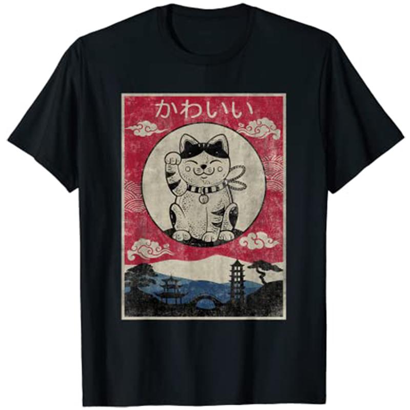 Vintage Kawaii Cat Anime Japanese Gift Girls Boys Teenager TShirt Top Y2k Cartoon Graphic Aesthetic Clothes Novelty Personality
