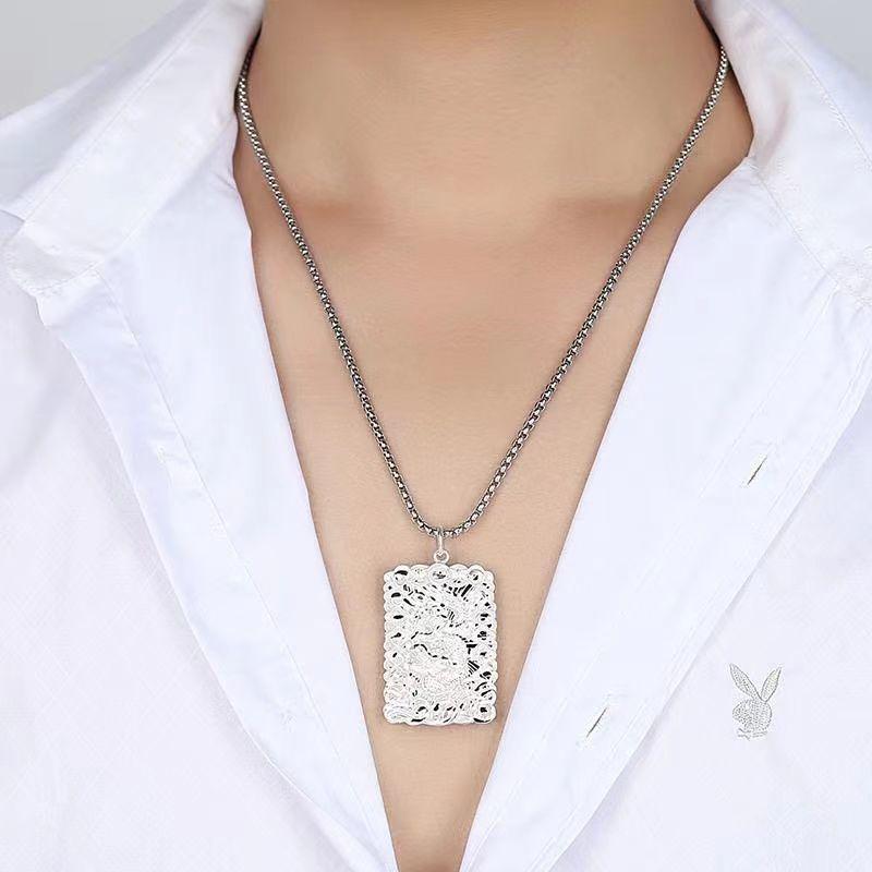 Silver-Plated Dragon Pendant Necklace with Chinese Fu Character - Double Layer Hollow Design