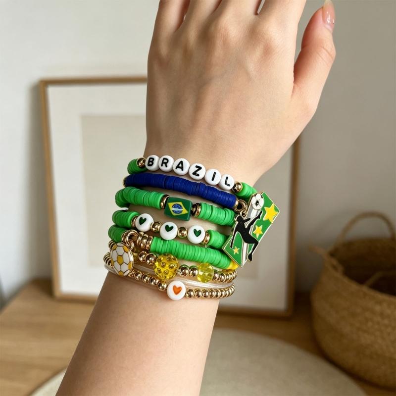 2026 Football Bracelet Set For Soccer Fan With Team Color And Football Charm Elastic Wristband