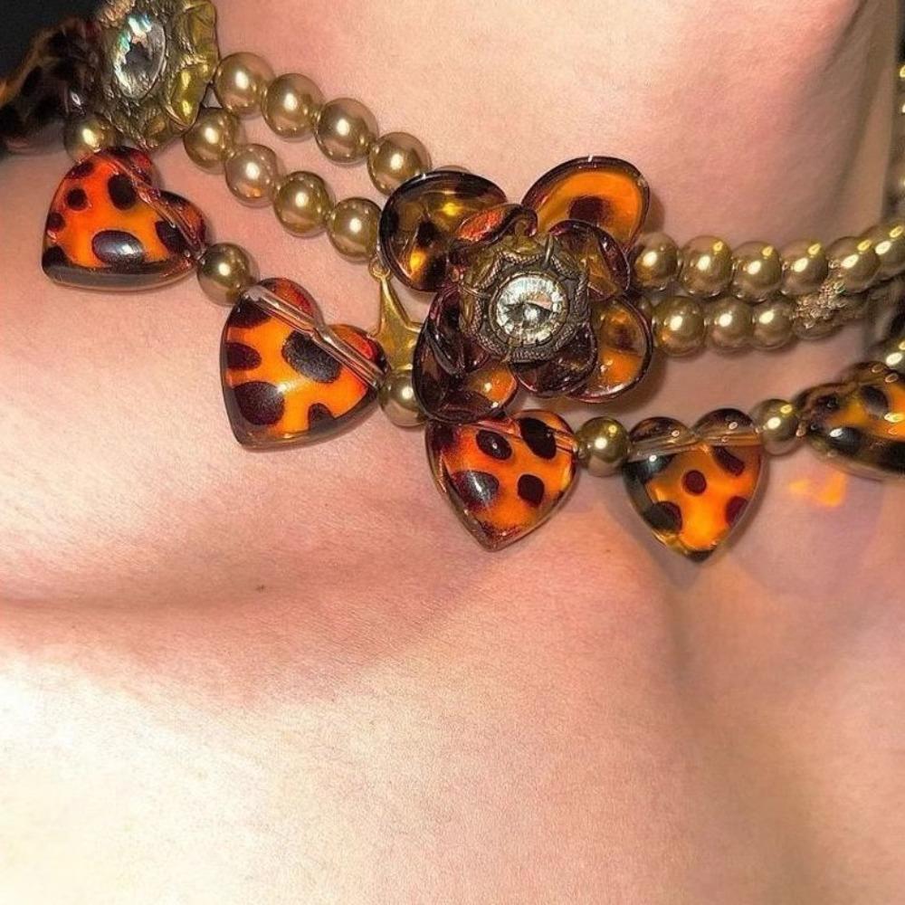 Rhinestone Pearl Beaded Choker Leopard Clavicle Chain Temperament Flower Heart Necklace  Gift