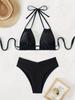 2024 Sexy Black Deep V Backless Strappy Push-up Bikini for Women