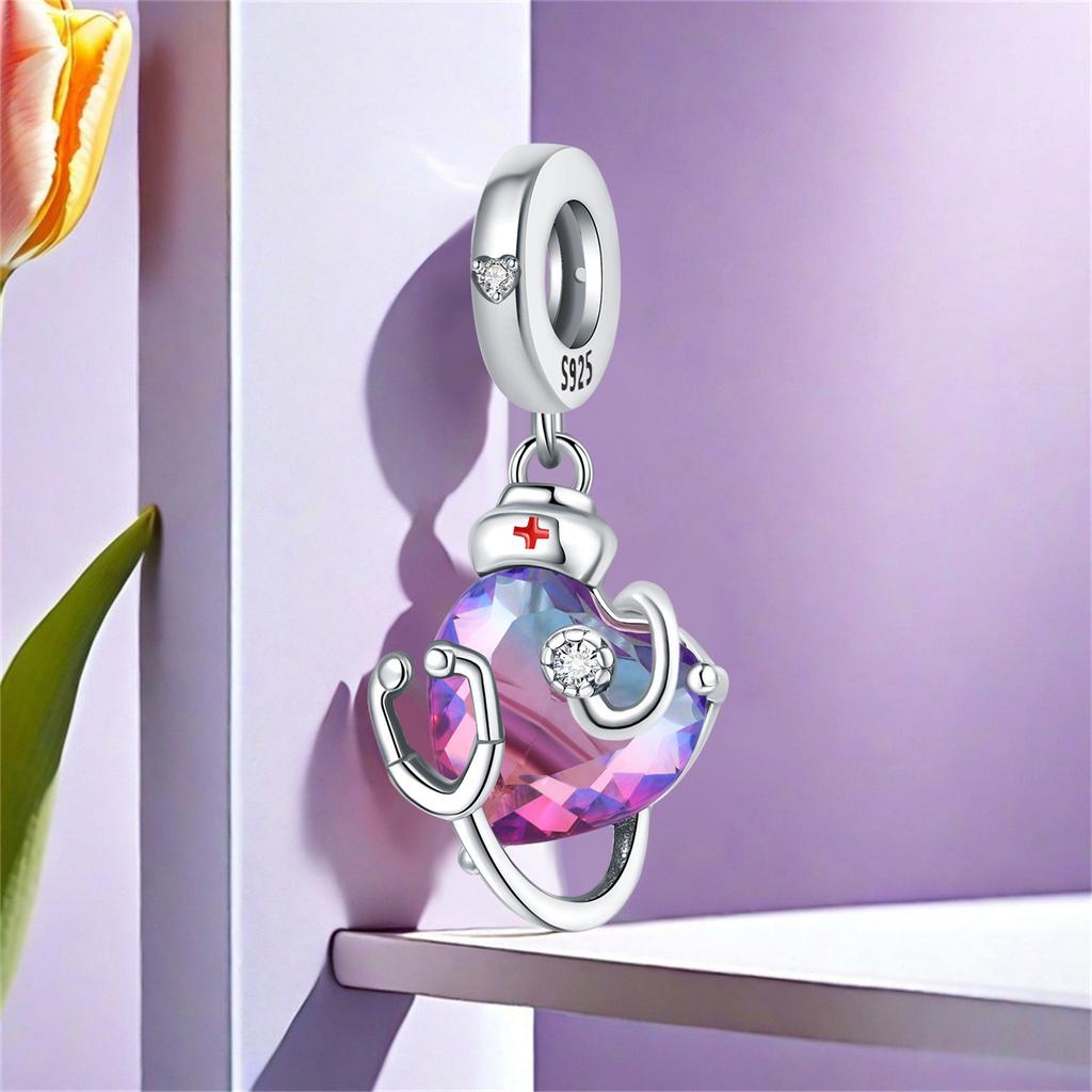 Copper Stethoscope Gradient Heart Pendants Bracelet Charms Fit Women Jewelry Party Beads Diy Fine Gift Accessories