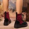 Women's Large Size Leopard Print Lace-Up Thick Sole Martin Ankle Boots British Style.