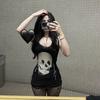 Cyber Punk Gothic Dress Women Streetwear Harajuku Skull Printed Sleeveless High Waist Bodycon Dress Grunge Rave Outfits