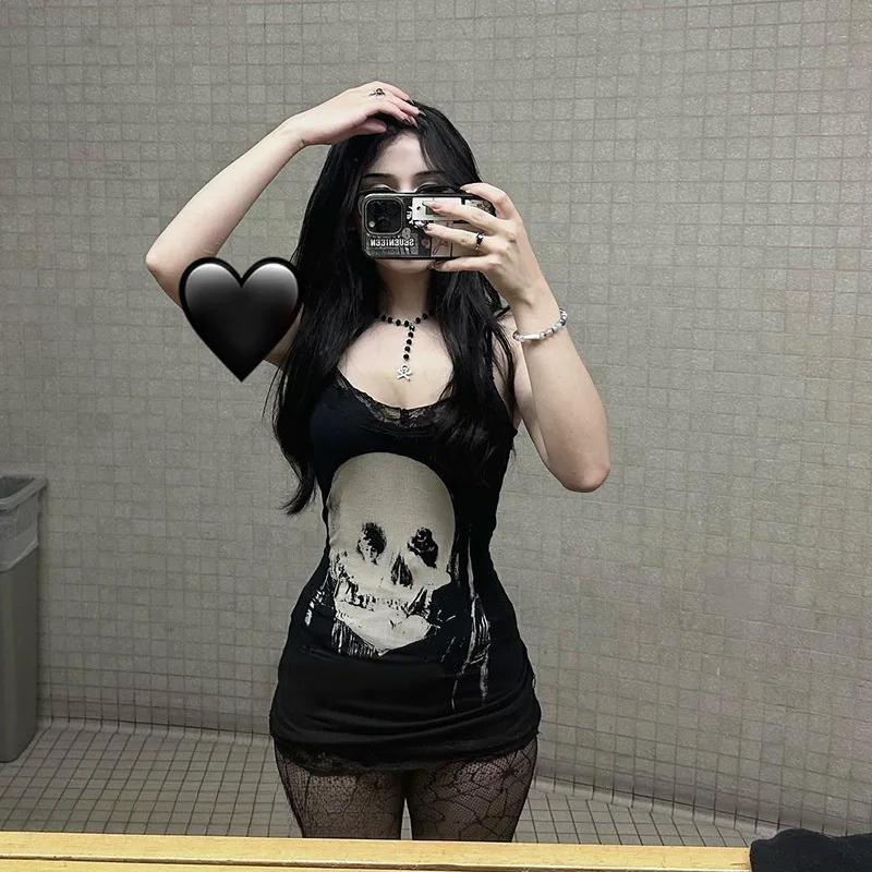 Cyber Punk Gothic Dress Women Streetwear Harajuku Skull Printed Sleeveless High Waist Bodycon Dress Grunge Rave Outfits