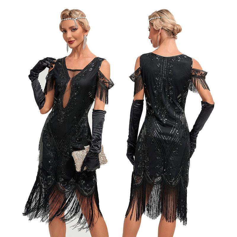 Vintage Prom Embroidered Tassel Dress Cocktail Party Plus Size Sequin Beaded Mesh Dress