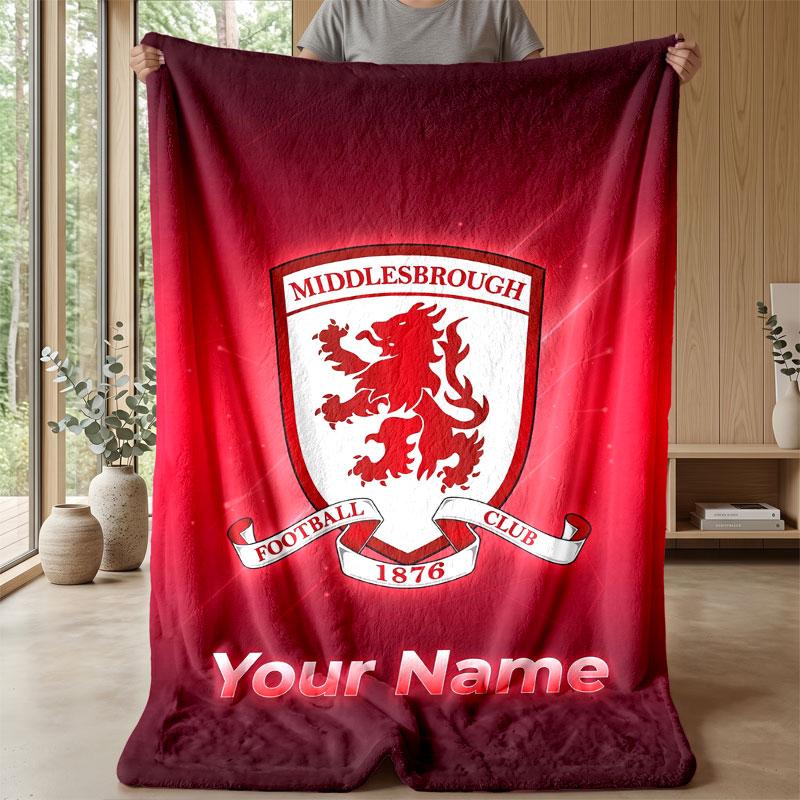 Middlesbrough FC Custom Name Text Flannel Blanket Soccer Logo Personalized Fleece Throw Blanket Special Gift For Sofa Bedroom Home