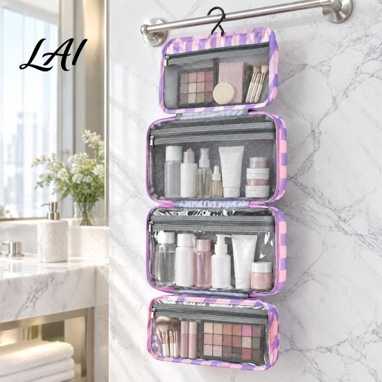 Multifunctional Organizer for Daily Essentials Stripes Travel Toiletry Bag 4 Compartments Waterproof Makeup Foldable Shower Kit Camping And Gym Case,