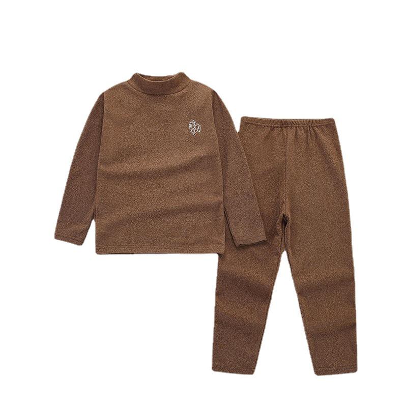 Children's Brushed Collar Underwear Set - Boys and Girls Warm Solid Color Autumn/Winter Pajamas