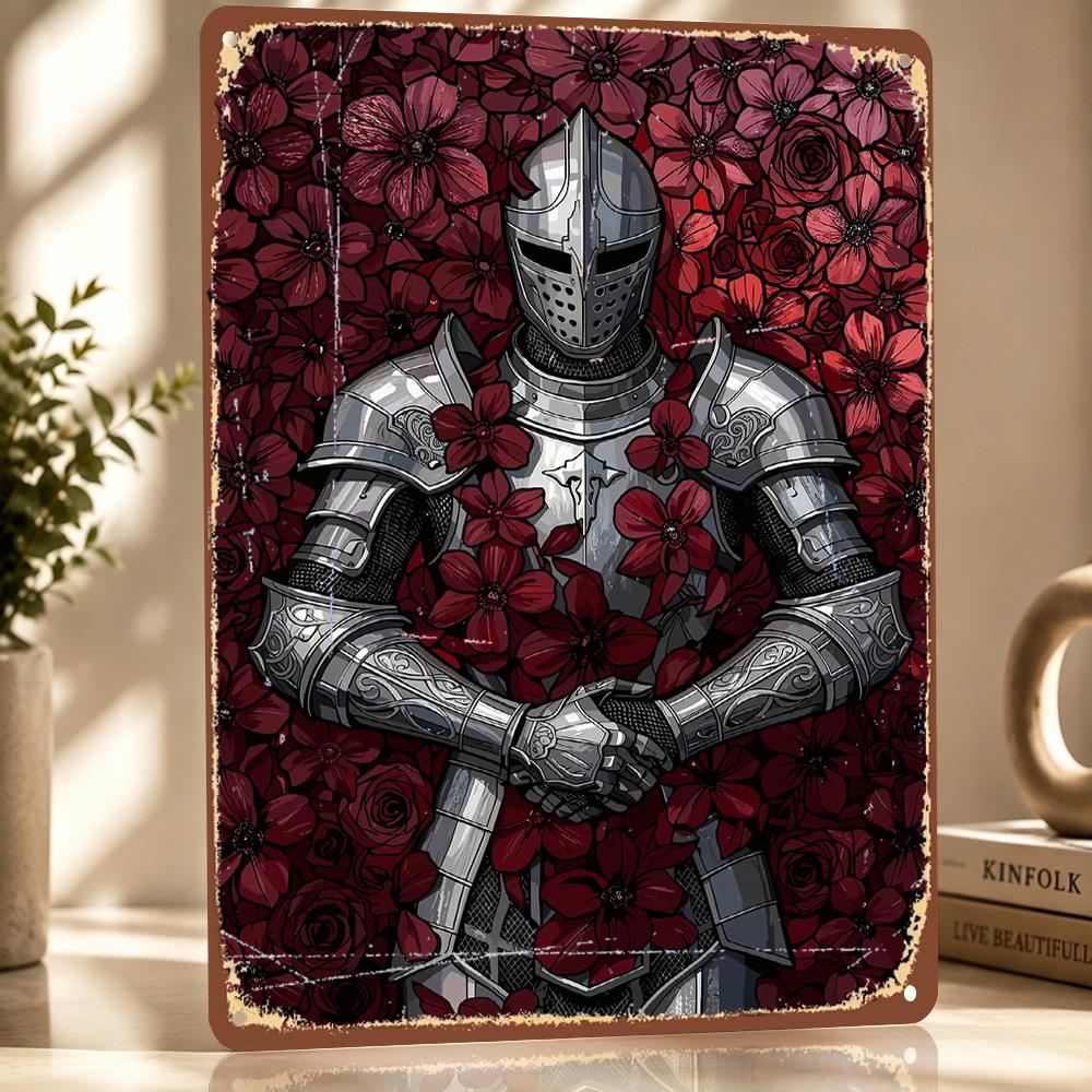 Knight In Armor Surrounded By Flowers Metal Poster Perfect Gift for Fans Lovers Personalized Wall Art Metal Sign for Funny Signs