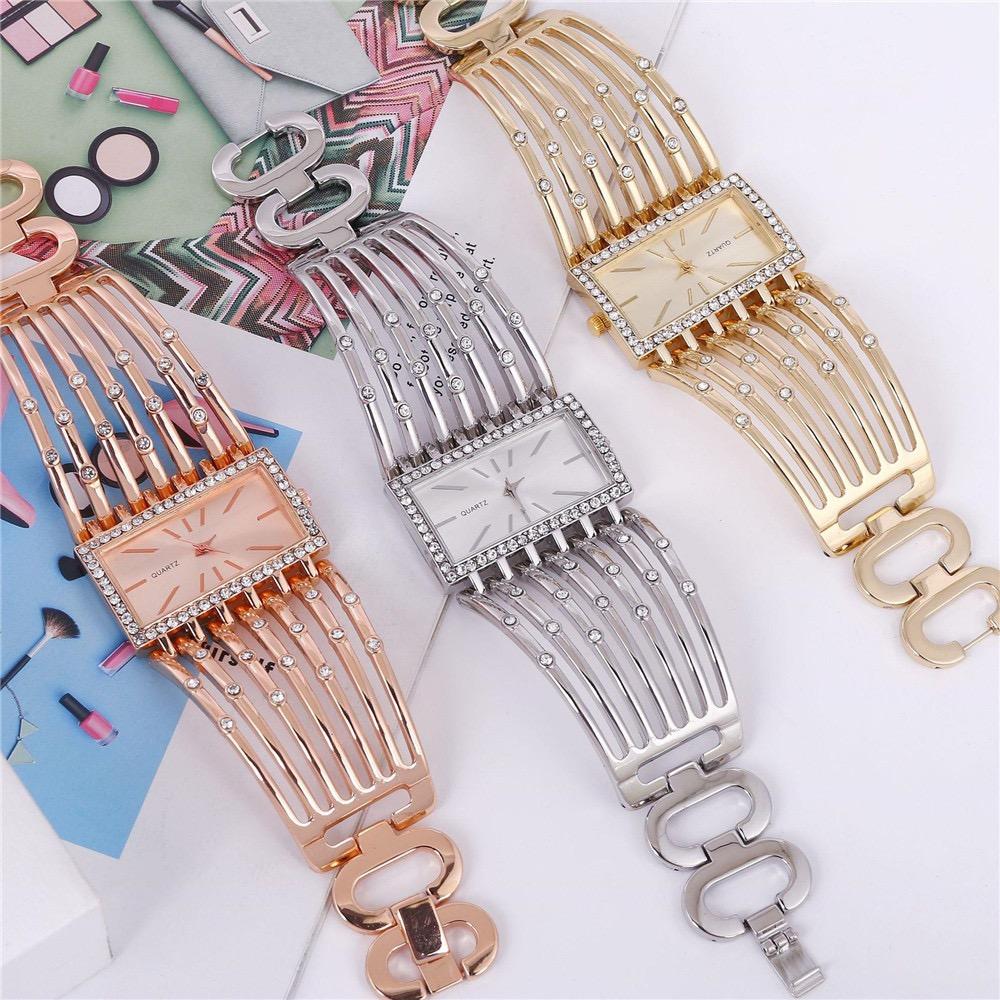 Luxury Qualities Women's Fashion Diamond Rectangle Watches Gold Alloy Bracelet Wristwatches Simple Ladies Quartz Clock Gift