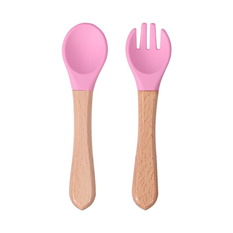 

Food-Grade Silicone Baby Spoon & Fork Set with Wooden Handles for Infant Feeding розовый