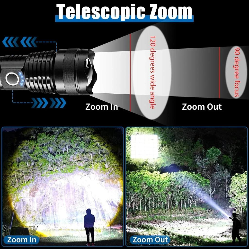 30W High Power Led Flashlight Telescopic Zoom Portable USB Rechargeable LED Lamp Emergency Spotlights Outdoor Camping Torch