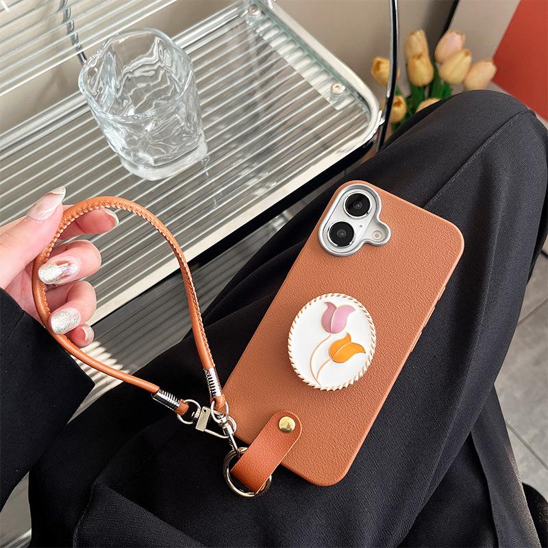 Metal Tulip Airbag Holder Mobile Phone Case For Iphone16 Messenger Rope Apple 15Promax Protective Case