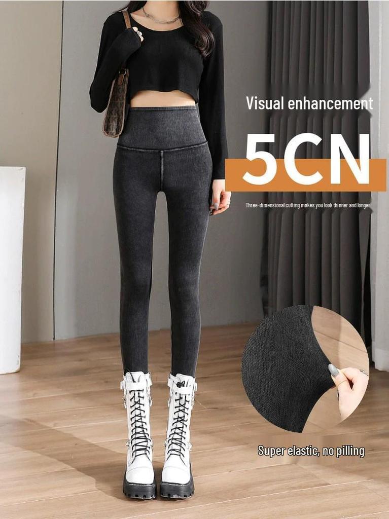 Women's High-Waist Velvet-Lined Slim Fit Cotton Pants for Autumn/Winter - Large Size, Warm and Comfortable.