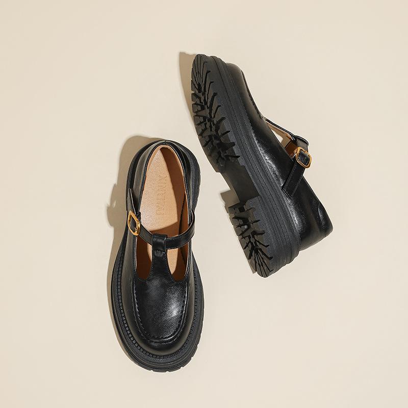 Thick-soled British Small Leather Shoes Women's Retro Word with Thick Heel Round Head One-pedal Loafers Shallow Mouth Mary Jane Single Shoes