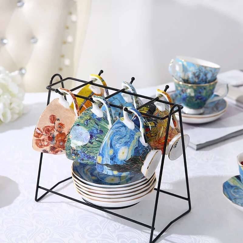 Bone Ceramics Van Gogh Art Painting Starry Night Sunflowers Sower Iris Saint-remy Tea Cups Mugs Coffee Cup Saucers Spoons Set