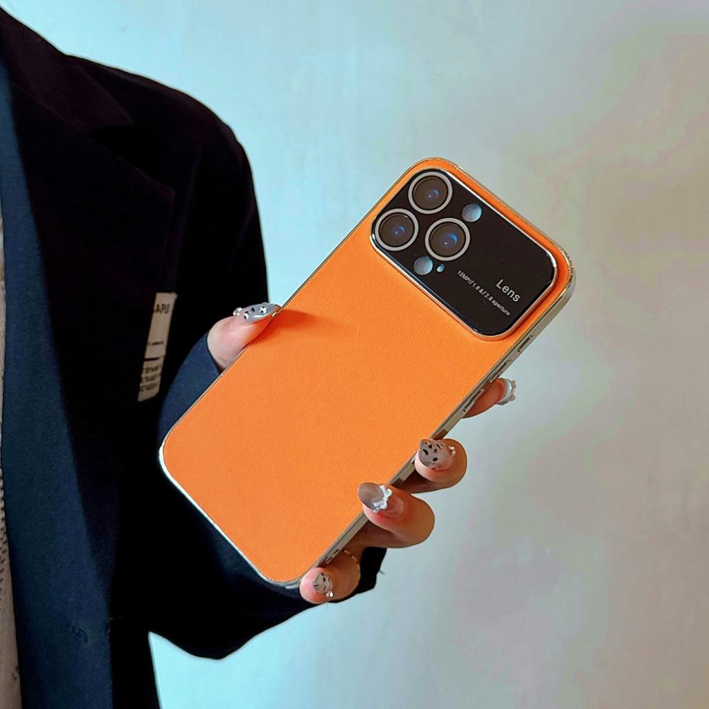 Official Orange Vegan Leather Phone Case For iPhone 17 Air 16 15 14 13 12 11 Pro Max Plus Luxury Glass Large Window Bumper Cover