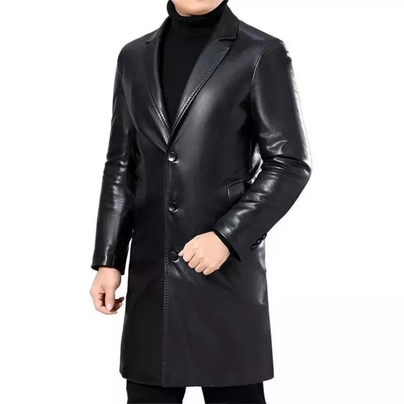 Fashionable Leather Trench Coat Handmade Formal Casual Men's Genuine Stylish