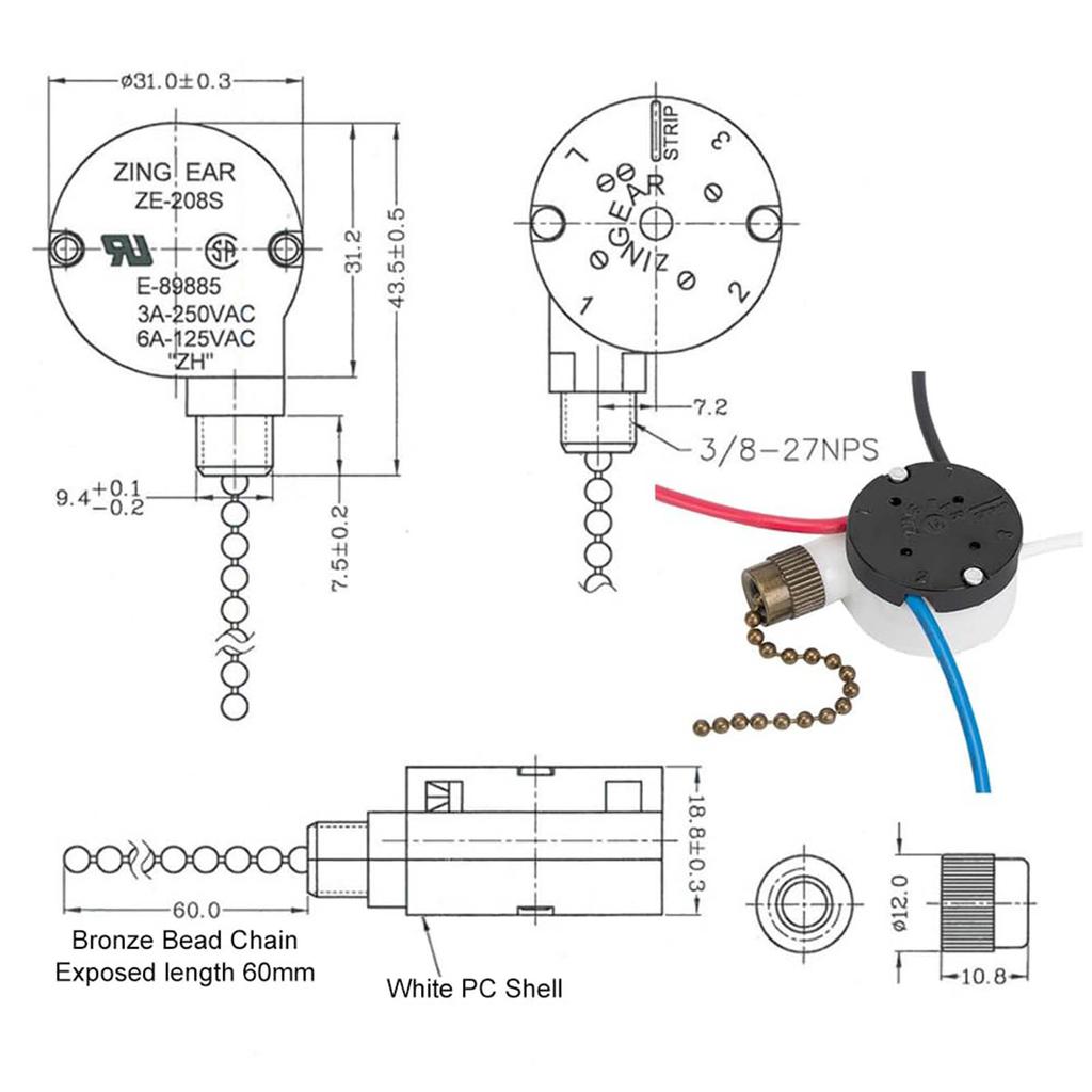 3 Speed 4 Wire Fan Light Switchs Replacement Part Upgraded Ceiling Fan Switchs ZE-208s Speed Control Pull Chain Switchs