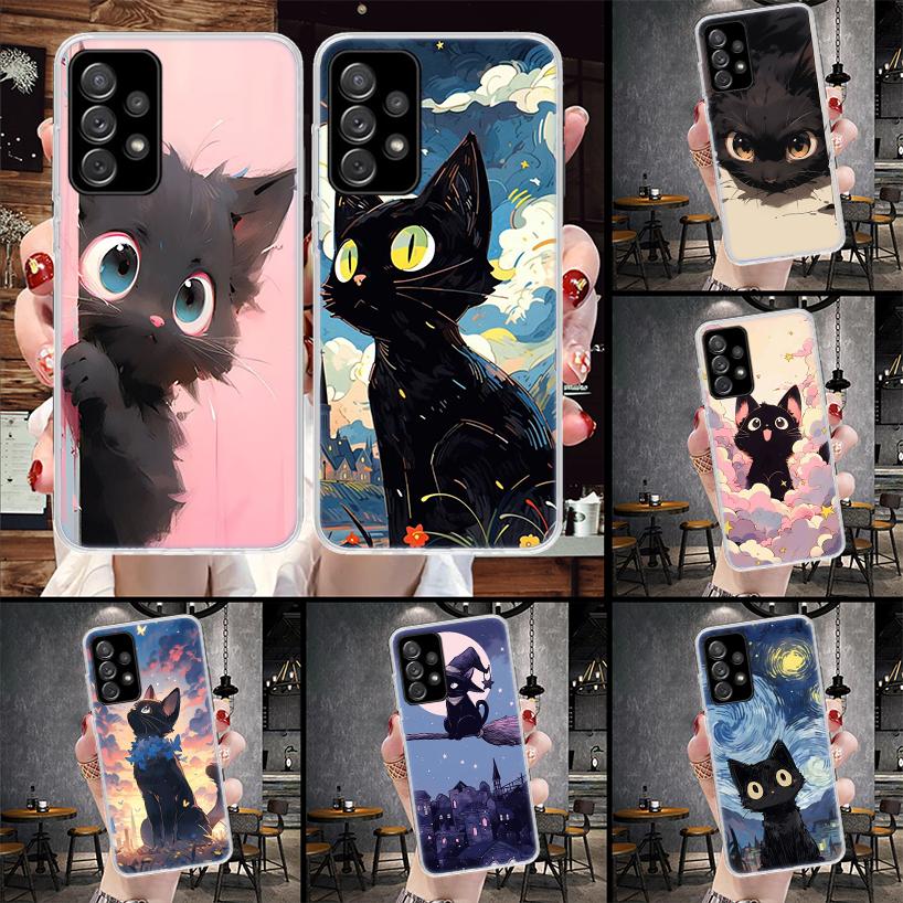 Anime Cute Black Cat Meow Phone Case For Samsung Galaxy A13 A14 A15 A16 A17 A53 A54 A55 A56 A57 A33 A34 A35 A36 A37 A23 A24 A25
