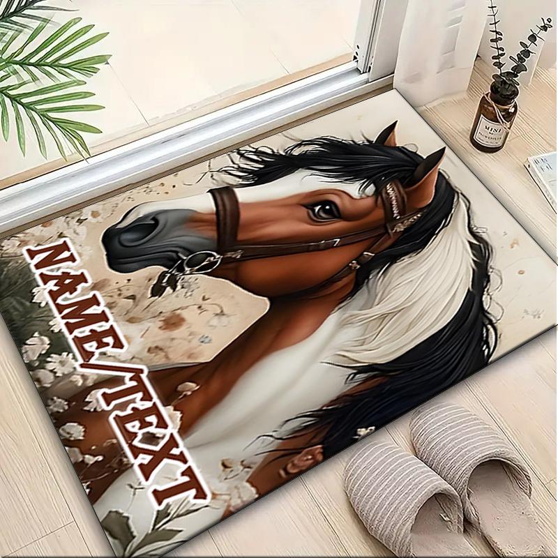 1PC Custom Name Horse Portrait Name Theme Floor Mat Ideal for Living Room, Game Rooms, Office, Bedroom,Floor Mat Playful Design