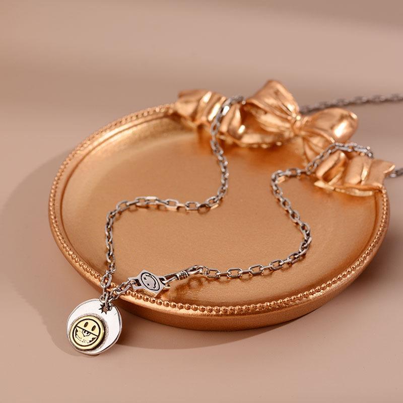 Vintage Gold Lustiges Smiley-Gesicht Anhänger Halskette Damen Lange Leichter Luxus Pullover Kette Trendige Accessoires